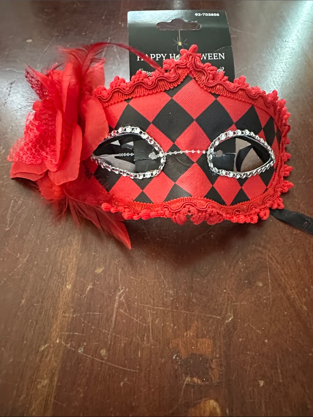 Red and Black Harlequin Masquerade Eye Mask with Feather Flower